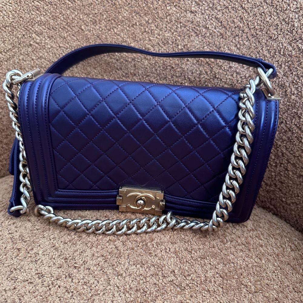 Lambskin  Quilted Medium Boy Flap Dark Purple